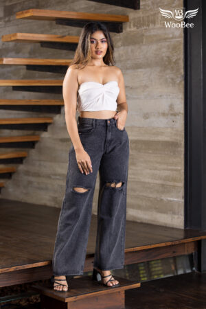 PATCH ACID WASHED WIDE LEG JEANS