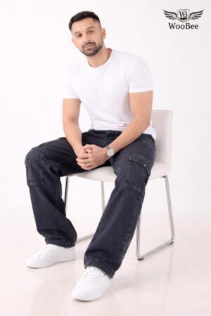 MEN'S ACID WASHED BLACK CARGO JEANS