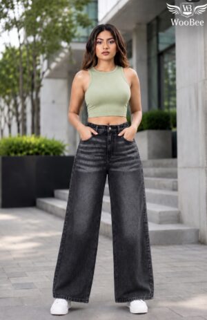 Acid washed wide leg jeans with adjustable buttons